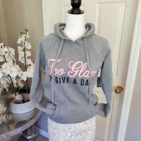 NWT Ardene grey “Too Glam" graphic print hooded sweatshirt, S - Picture 5 of 11